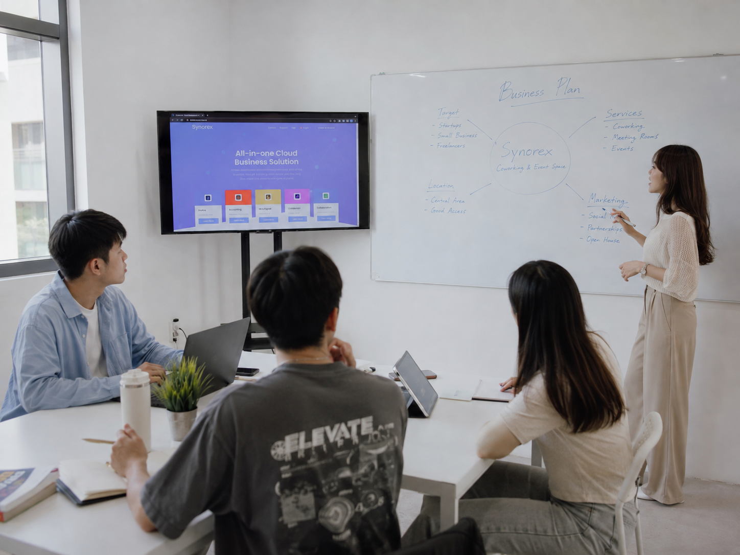 Synorex team discussing a business plan in a meeting room